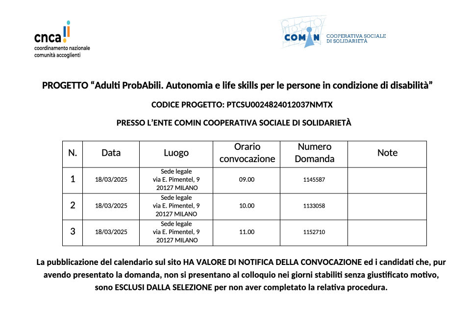 CALENDARIO SELEZIONI Accompagnatori di storie. Risorse e competenze per la crescita di minori e famiglie