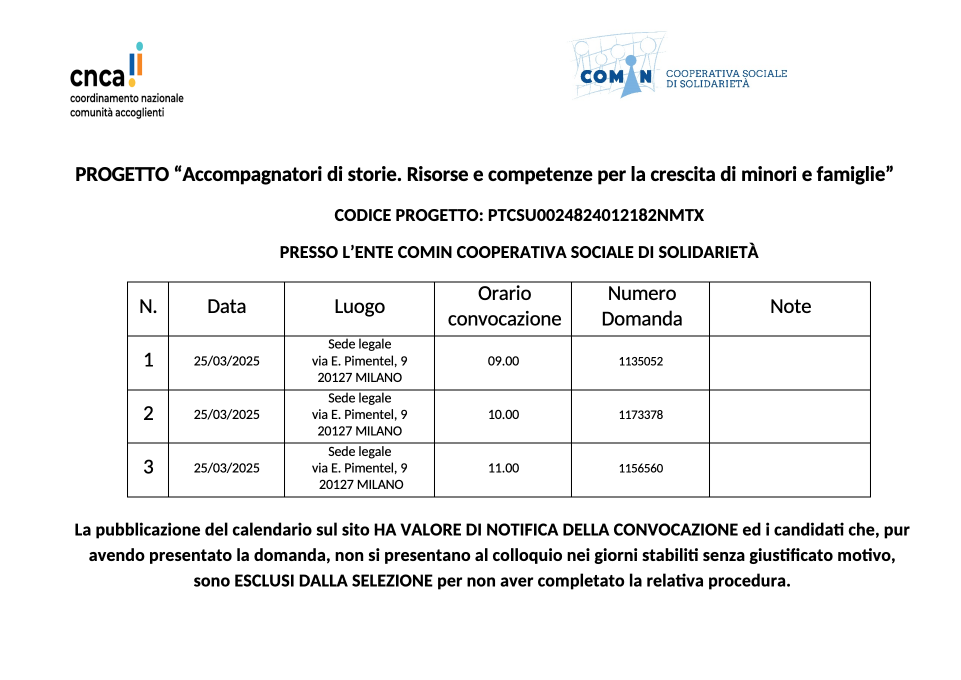 CALENDARIO SELEZIONI Accompagnatori di storie. Risorse e competenze per la crescita di minori e famiglie